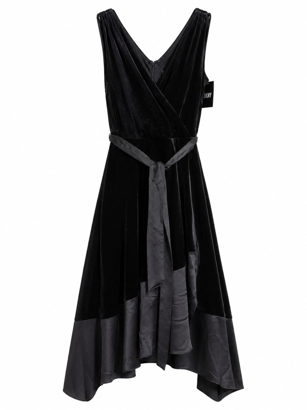 NWT! DKNY Black Velvet Asymmetrical Wrap Dress with Satin Trim